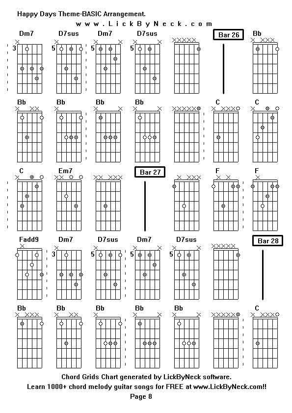 Chord Grids Chart of chord melody fingerstyle guitar song-Happy Days Theme-BASIC Arrangement,generated by LickByNeck software.